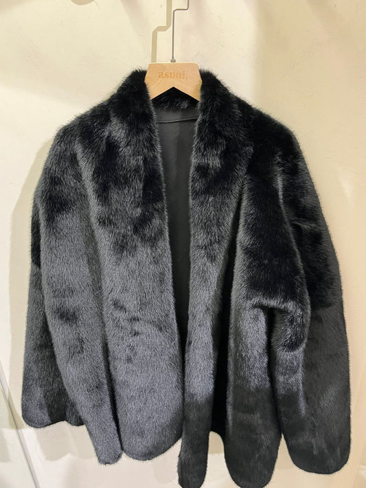 asuni Winter Warm Collarless Faux Fur Flufty Coat in black