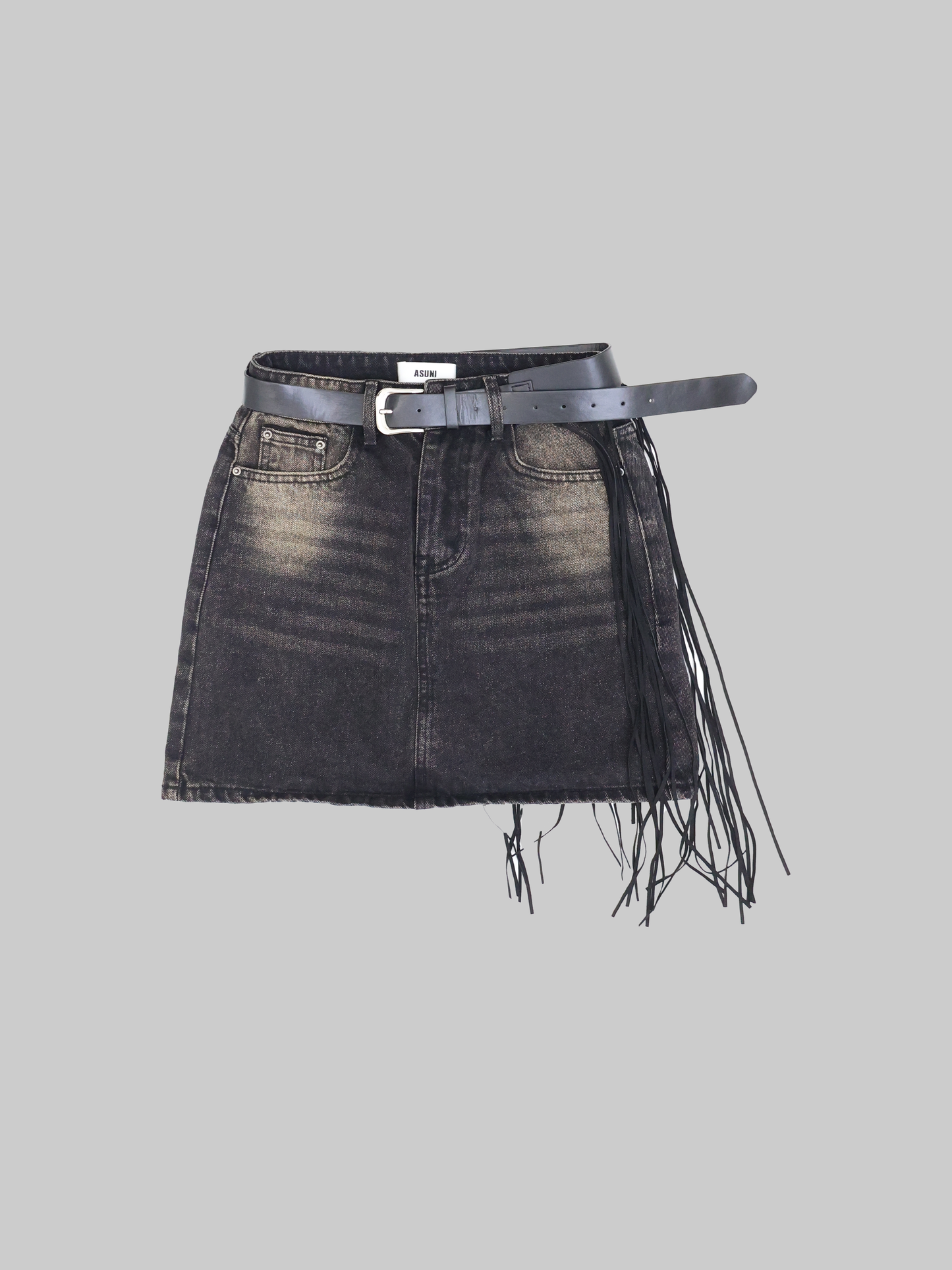 ASUNI Fringe Cowgirl Denim Skirt &Belt in Black