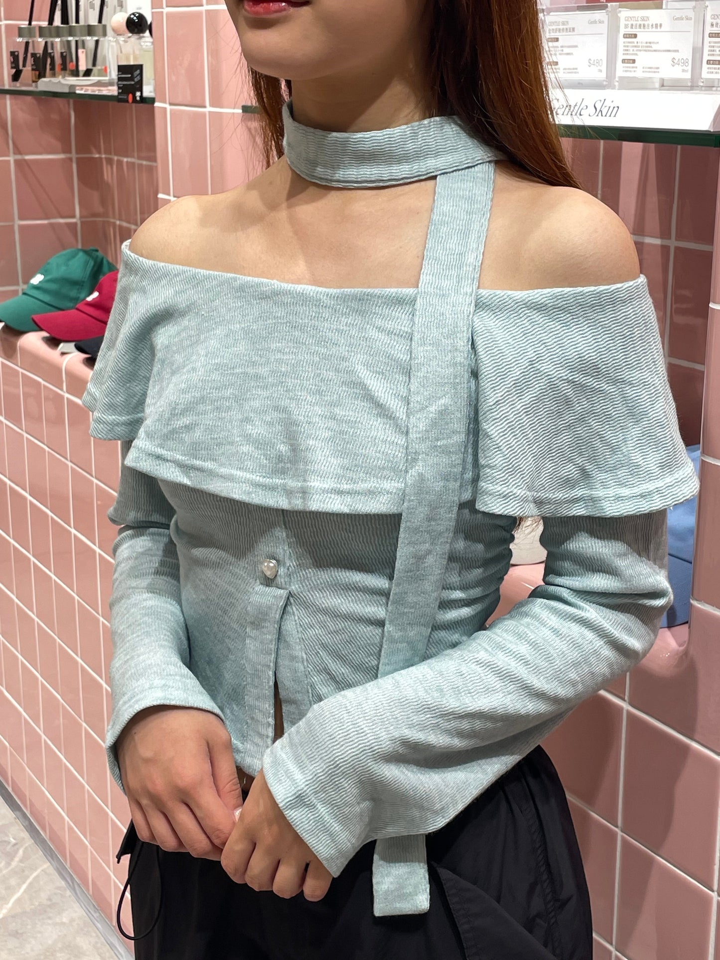 off shoulder long sleeve top with scarf