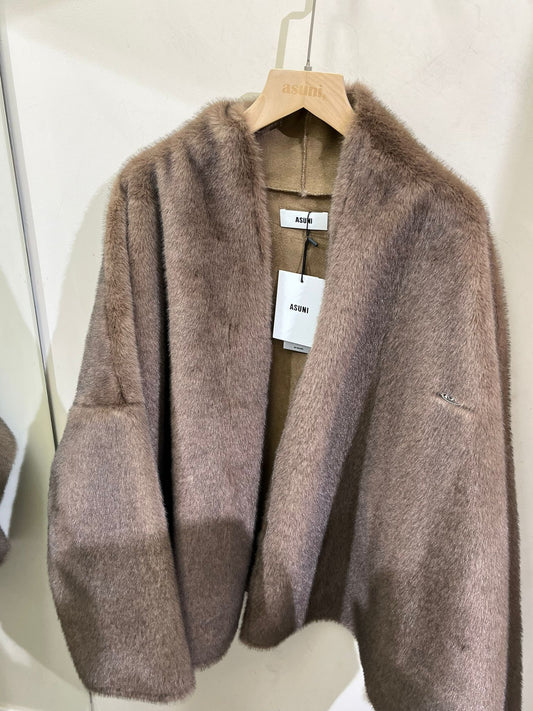 asuni Winter Warm Collarless Faux Fur Flufty Coat in Brown