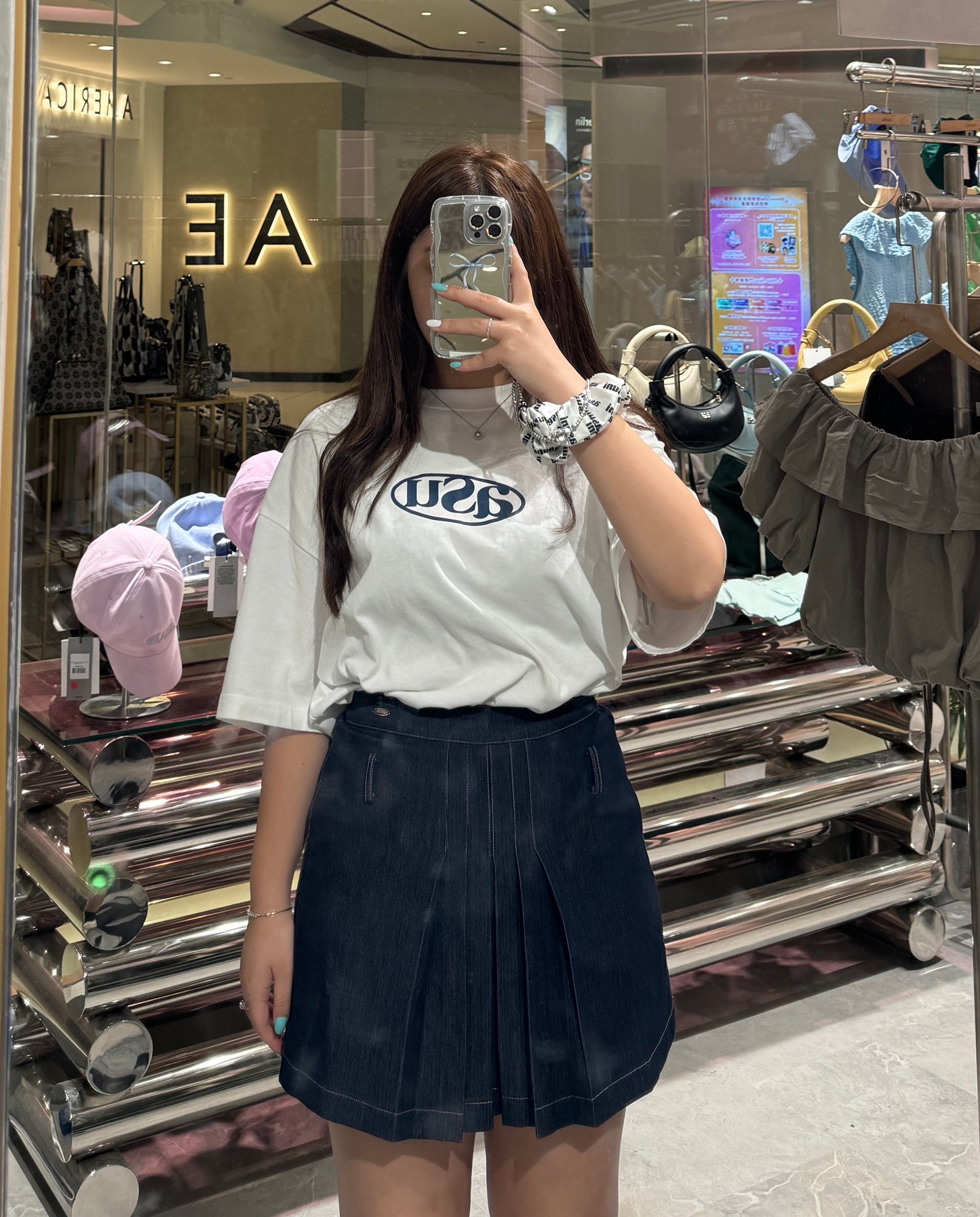 ASUNI Logo Pleated denim skirt