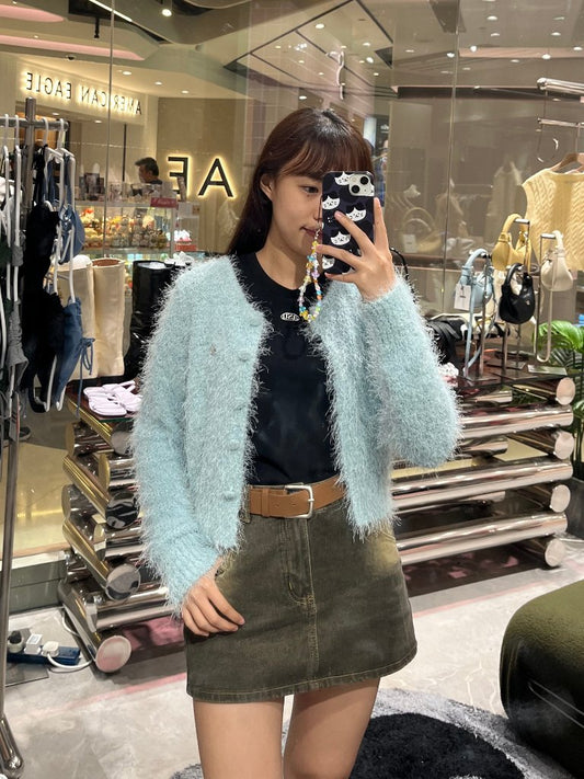 asuni Fluffy Knit Cardigan Sweater in blue