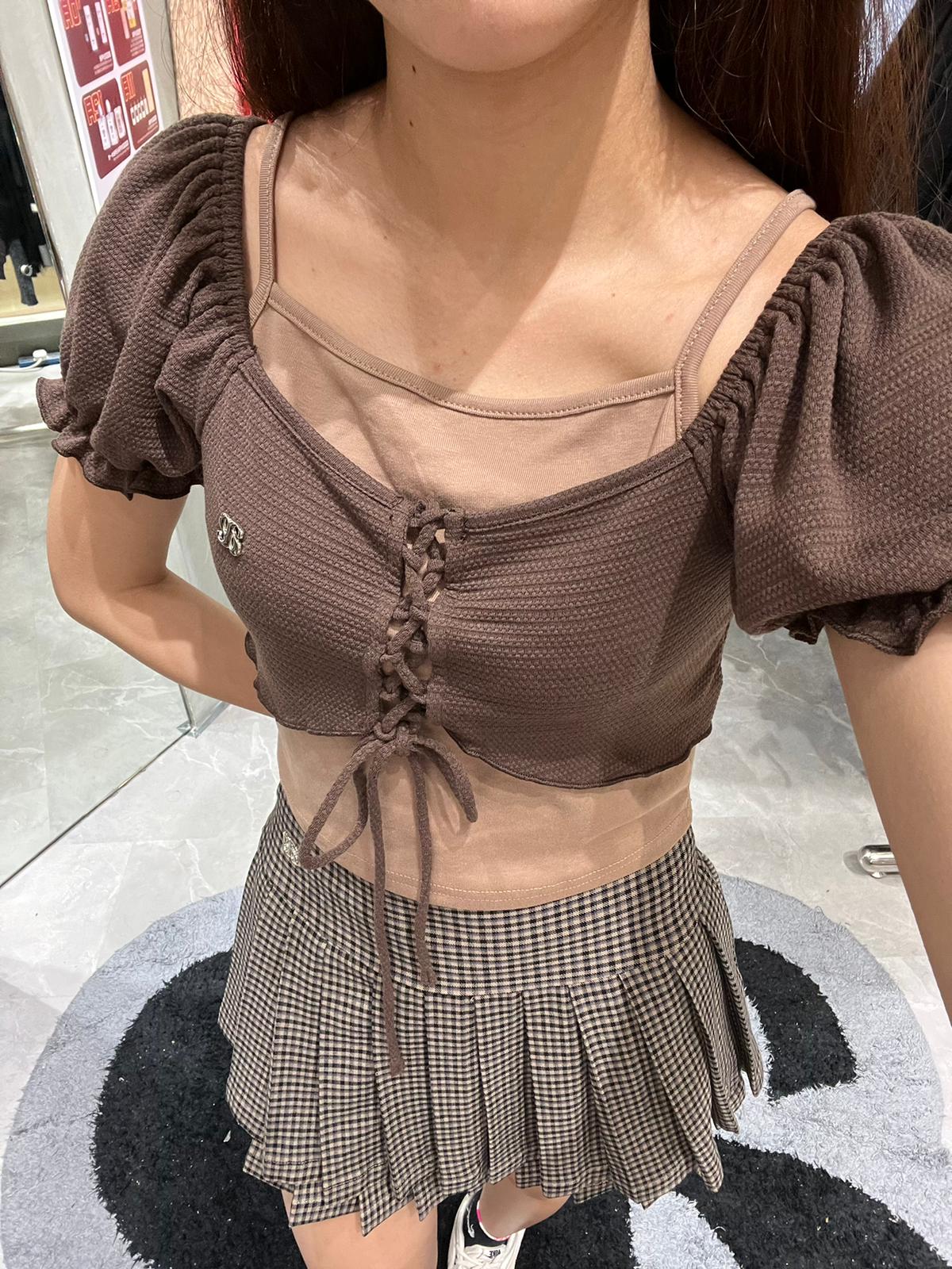 ASUNI Puff Square Nylon Off Shoulder Short Sleeve Blouse in brown