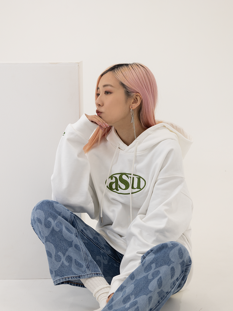 Embroidered ASUNI Hoodie In White Green