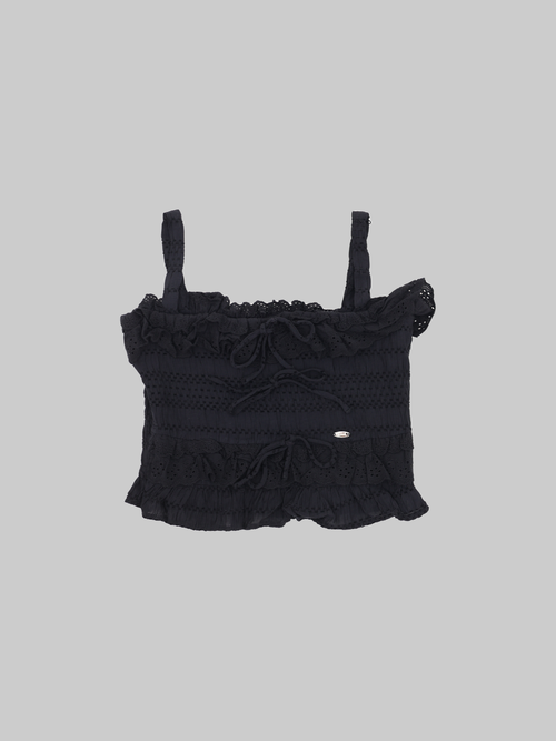Sweet Lace Ribbon Tie Top In Black